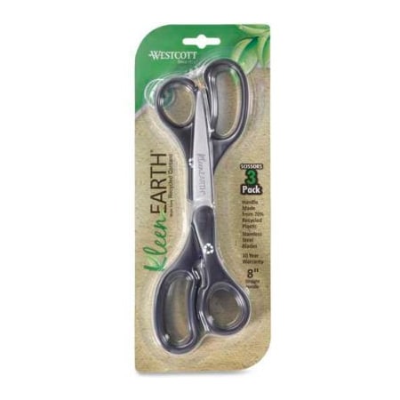 Acme United Westcott KleenEarth Basic Plastic Handle Scissors, 8in Length, Pointed, Black, 3/PK 15585